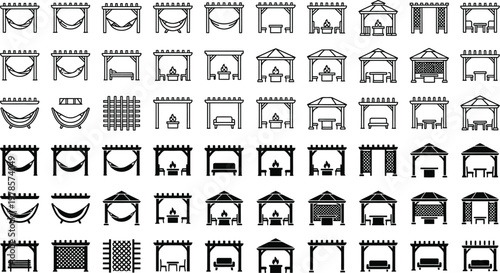 Outdoor structure icon set featuring hybrid pergola designs with integrated hammock seating, fire pit, and garden gazebo elements in line and solid style, 50 vector icons