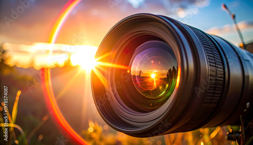 Close-up of a camera lens capturing a vibrant sunset with a prominent sun flare and reflection.