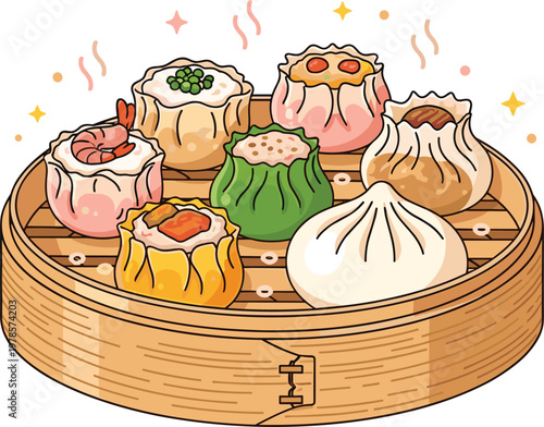 Steamed dim sum dumplings assortment in bamboo basket traditional Asian food collection colorful cartoon flat vector illustration