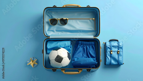 Open blue suitcase packed with soccer ball sunglasses and shorts on a light blue backdrop in a travel theme