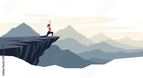 A person performs a focused yoga lunge pose on the edge of a jagged cliff overlooking an expansive and layered mountain range during a soft hazy dawn.