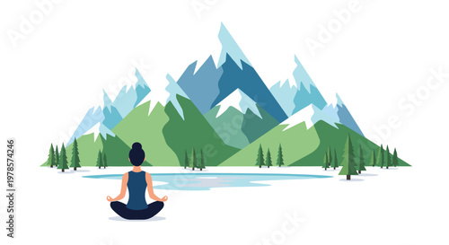 A person practices meditation in a lotus pose by a still lake surrounded by majestic snow-capped mountain peaks and dense pine forests in the distance.