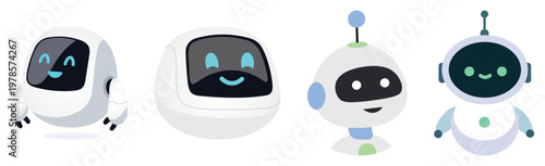 Set of cute robot vector illustrations with smiling chatbot characters, friendly ai assistant, futuristic android mascot, and cartoon technology concept.