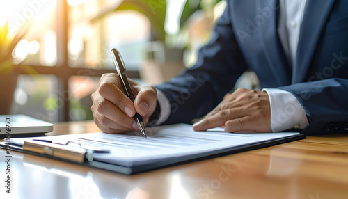 Businessman signing contract on clipboard at office desk in soft light formal wear business agreement official document pen in hand workspace