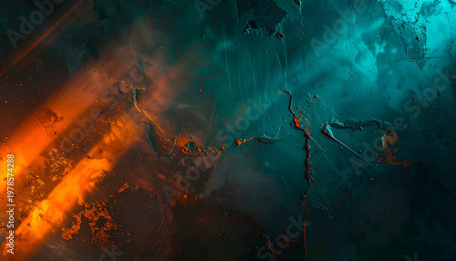 Abstract textured background with vibrant orange and turquoise hues creating a dynamic interplay of color and light on a rough surface