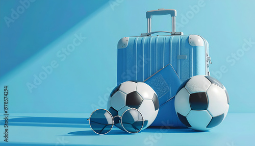 Blue suitcase ready for travel with soccer balls and passport perfect for summer vacation and sport tourism concept in studio shot