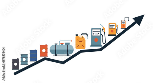 Progression of fuel-related items ranging from barrels to gas pumps is arranged along a steep upward-trending black arrow on a clean white background.
