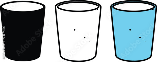 "Black, White and Blue Shot Glass Cup Silhouette and Outline Icon Set — Drink, Beverage, Bar and Kitchen Glassware Design Collection Concept"