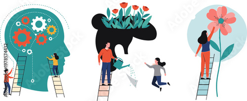 Creative Thinking and Personal Growth Illustration with Human Head Gears Watering Plants and Flower Development, Innovation Mindset Vector Concept Set