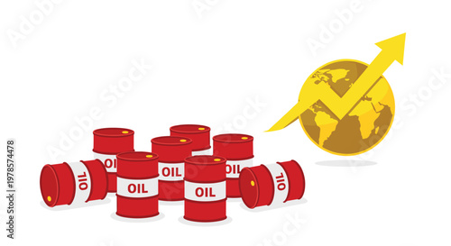 Group of red oil barrels labeled with text sits near a golden globe featuring a prominent rising yellow arrow indicating a surge in global oil prices.