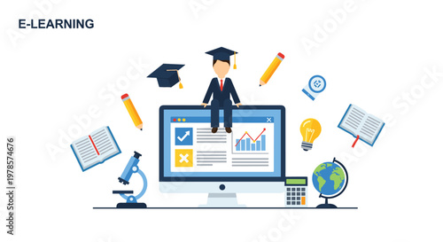 Digital student sits atop a sleek desktop computer surrounded by floating academic icons and colorful educational tools against a clean white background.
