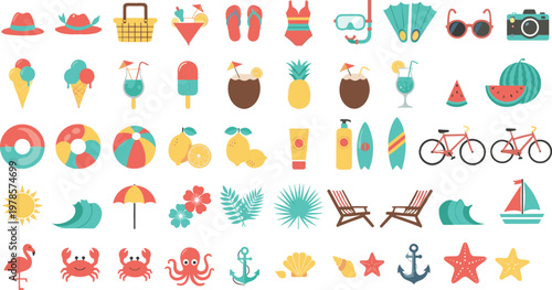 Summer beach vacation icons collection with swimsuits, sunglasses, surfboards, fruits, umbrellas, bicycles, sea animals, and tropical holiday elements vector set