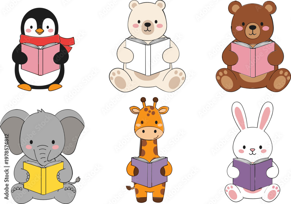 Naklejka premium Cute Animals Reading Books Collection with Penguin Bear Elephant Giraffe and Rabbit Cartoon Characters Education Learning Concept Vector Illustration Set