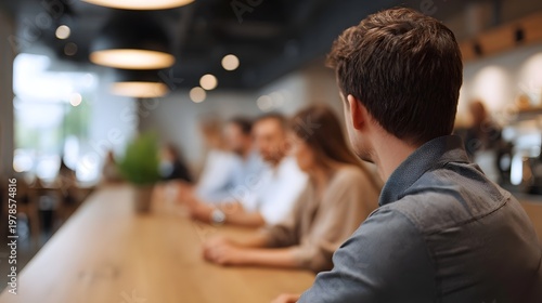 A group of colleagues collaborate and discuss ideas at a long wooden table in a cozy modern cafe setting