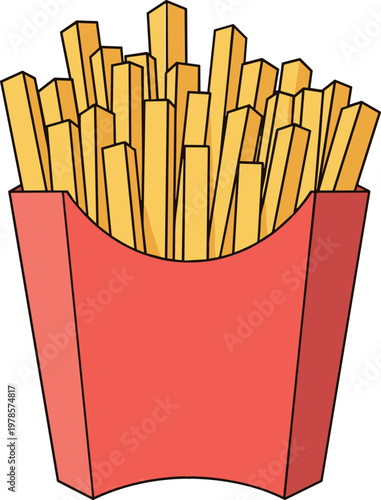 Golden crispy french fries in red fast food carton container, classic potato snack illustration isolated, popular street food vector design