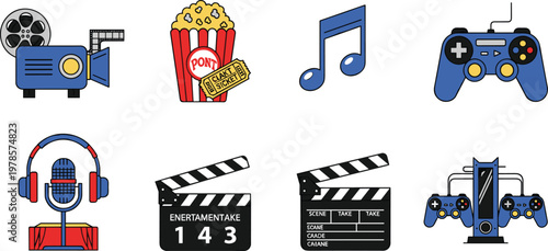 Entertainment and Media Vector Set Featuring Movie Projectors, Popcorn, Music, Controllers, and Film Equipment for Cinema, Gaming, and Media Designs