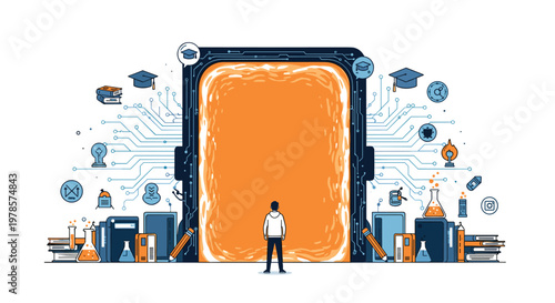 Person stands before a large circuit-board patterned frame filled with glowing orange energy surrounded by various educational icons and academic tools.
