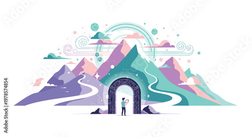 Person stands before a glowing portal in a majestic mountain landscape holding a digital tablet surrounded by abstract shapes and soft pastel colors.