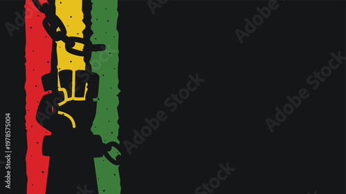 Juneteenth template copy space background with raised fist silhouette on red, yellow, and green rough shapes set against a black horizontal backdrop.