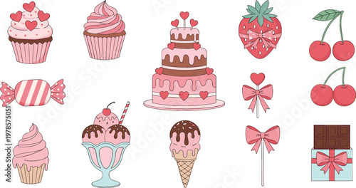Cute pink dessert and sweets collection with cupcakes, cake, ice cream, strawberries, cherries, candy, chocolate, and gift box vector illustration set