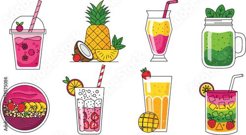 Refreshing Fruit Drink Vector Set Featuring Smoothies, Juices, Pineapple, Coconut, and Berry Flavored Beverages for Summer, Health, and Beverage Designs