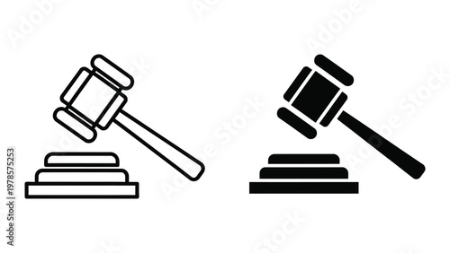 Contrasting judicial gavel icons in monochrome styles