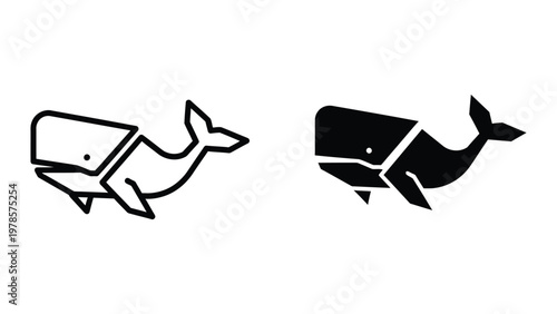Contrasting whale illustrations in line and solid black designs