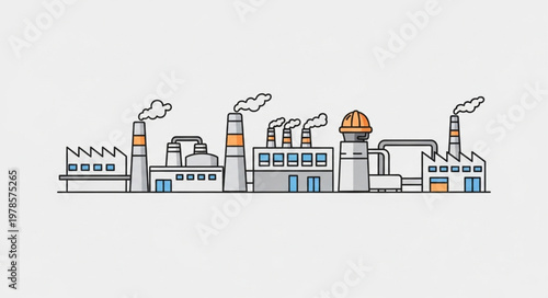 Modern industrial factory complex with smoking chimneys and buildings.