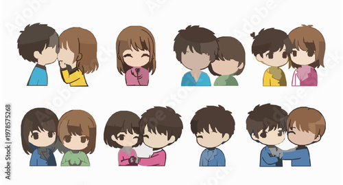 Kawaii anime couple love expressions set chibi romantic moments vector illustration