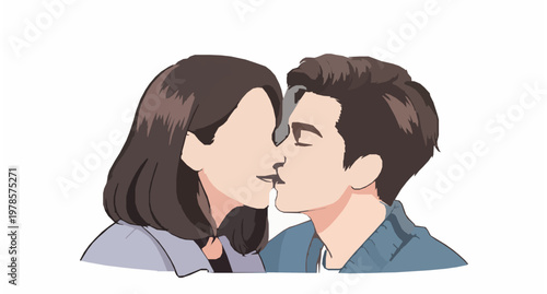 Romantic anime couple kissing portrait cute kawaii love relationship vector illustration