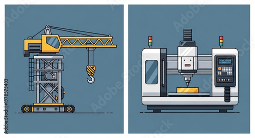 Construction Crane and CNC Machine Illustration.