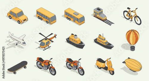 Collection of various transportation vehicles and objects.