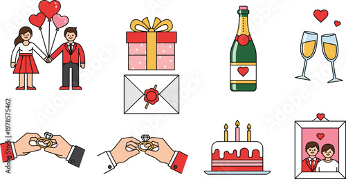 Romantic Wedding Vector Set Featuring Couples, Champagne, Gifts, Cake, and Love Icons for Valentine’s, Engagement, and Wedding Designs