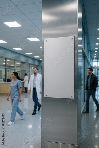 Modern hospital corridor with staff.