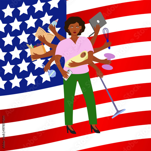 Black American super woman. Black multi-tasking woman against the background of the United States of America flag