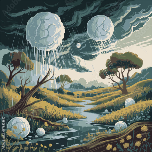 Illustration of surreal landscape with brain rain and stream in field