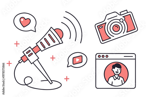 A vector graphic illustration of social media icons including a microphone, camera, and video chat