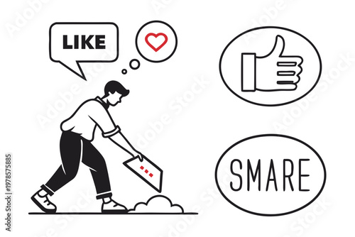 A vector graphic illustration of a man planting a seed with social media symbols