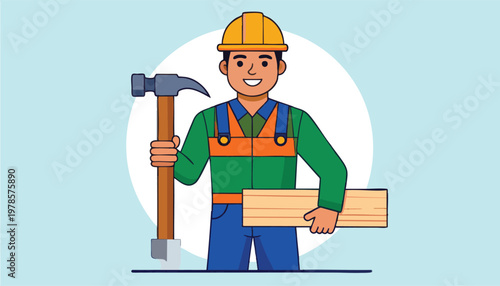 vector Construction worker holding hammer and wood plank illustration