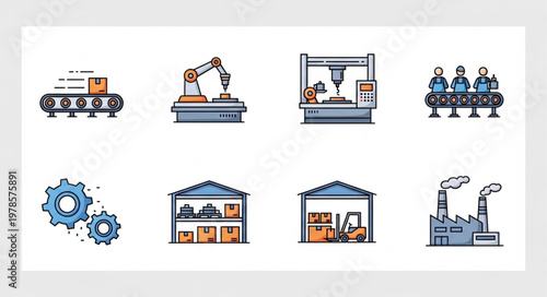 Industrial manufacturing and production process icons set.