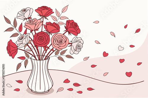 A beautiful illustration of a bouquet of roses in a vase with hearts and petals