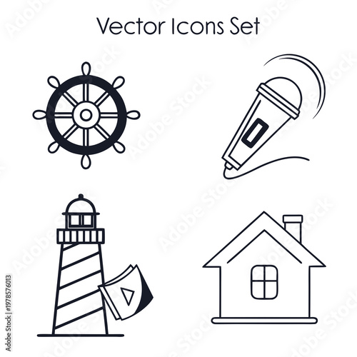 A set of four vector icons featuring a ship's wheel, microphone, lighthouse, and house in a simple line art style