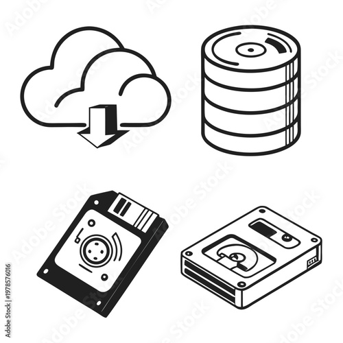 A vector graphic illustration of various data storage devices and cloud computing symbols