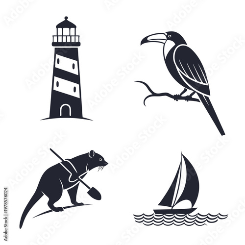 A set of four black and white vector icons featuring a lighthouse, a bird, a rodent with a shovel, and a sailboat.