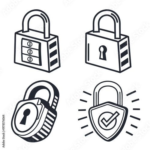 A set of four black and white vector icons depicting various padlock and shield designs for security and protection concepts