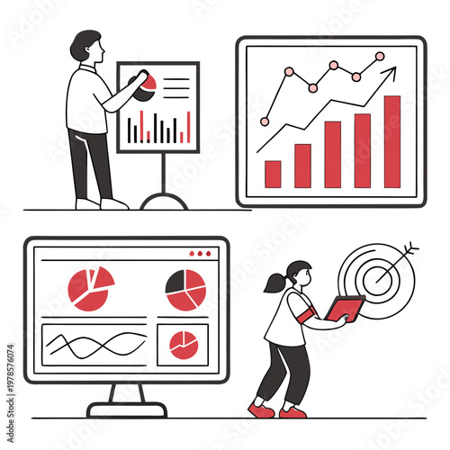 A vector graphic illustration of people analyzing business data and statistics on various devices