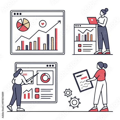 A vector graphic illustration of people analyzing data on various devices and screens