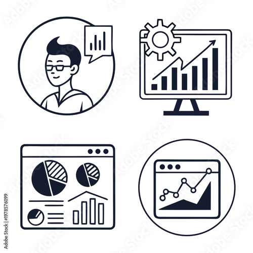 A set of four black and white vector icons depicting business analytics and data visualization