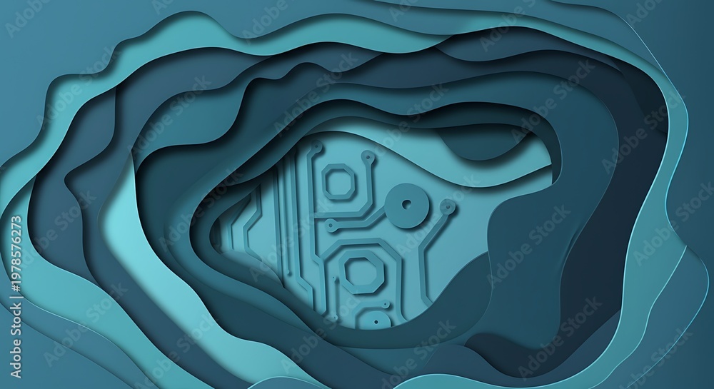 Obraz premium Abstract background featuring abstract waves with circuits patterns in 3d paper cut art style with blue and cyan color palette