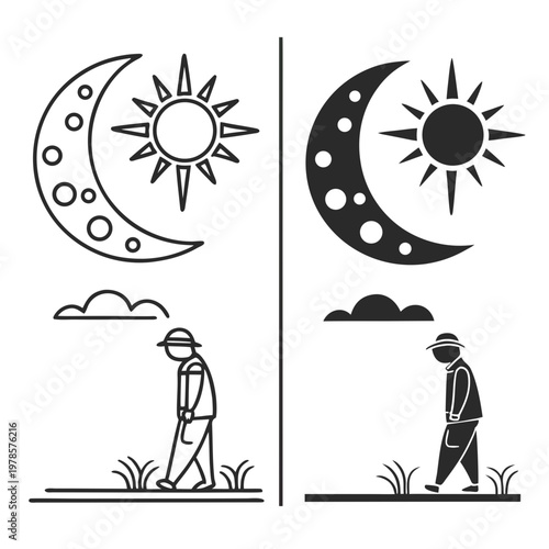 A minimalist vector graphic illustration of day and night scenes with a person walking under sun and moon